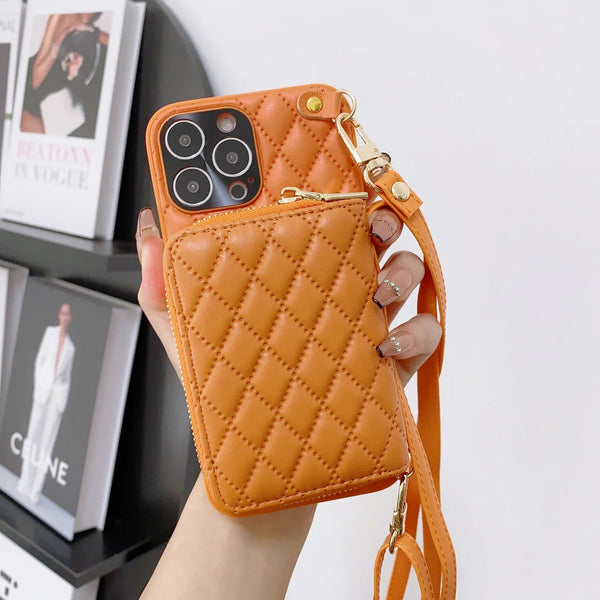 Diamond Lattice Zipper Leather Purse iPhone Case-Exoticase-