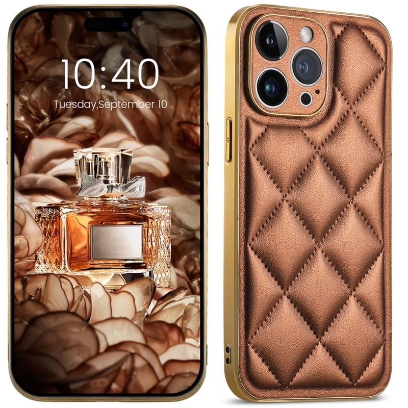 Diamond Pattern Plated Cushioned Apple iPhone Case-Exoticase-For iPhone 14 Pro Max-Brown-