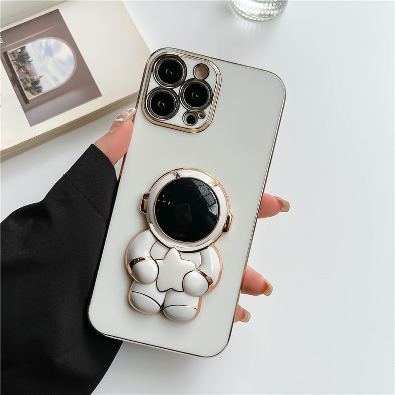 Electroplated Astronaut Holding Star iPhone Case-Exoticase-For iPhone 13 Pro Max-white-