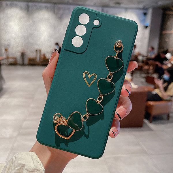 Electroplated Heart With Heart Chain Samsung Case-Exoticase-For Samsung S22 Ultra-Dark Green-