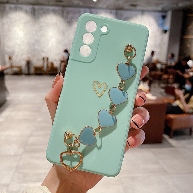 Electroplated Heart With Heart Chain Samsung Case-Exoticase-For Samsung S22 Ultra-Mint Green-