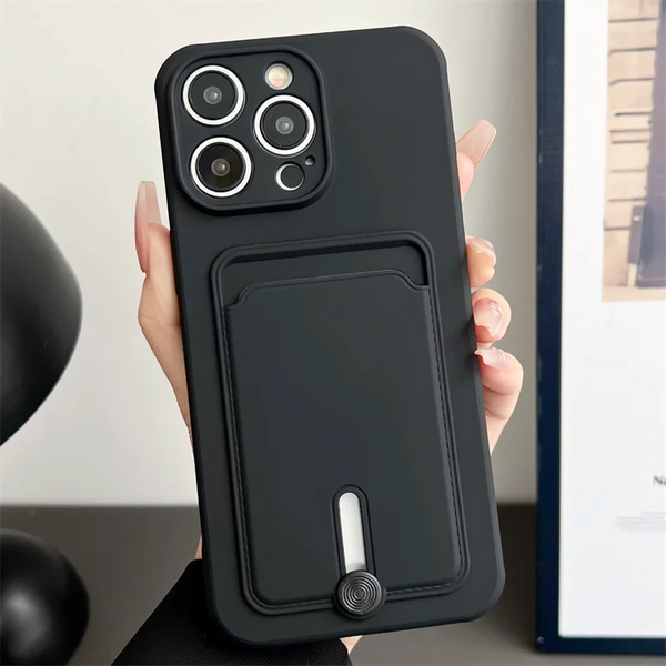 Embedded Wallet Silicone iPhone Case with Push Slider-Exoticase-For iPhone 16 Pro Max-Black-Exoticase