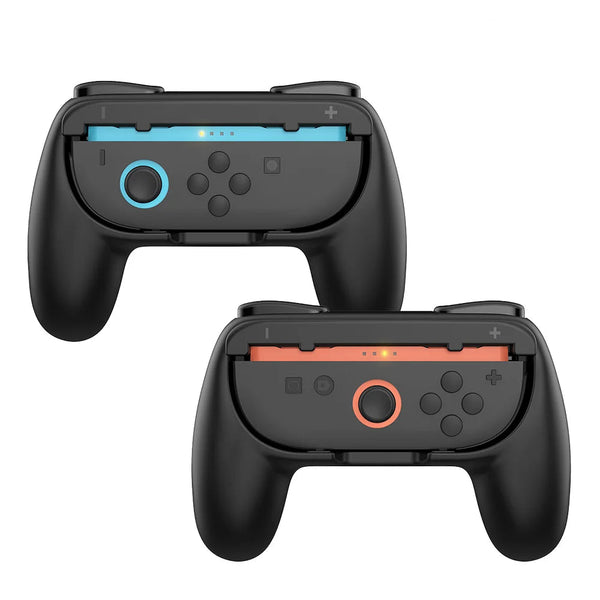 Two black gaming controllers with color-coded displays on a white background, labeled 'for Switch 2'.