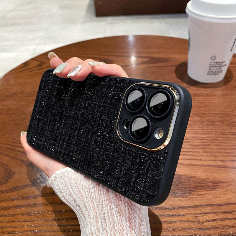 Fabric Silicone Plated and Glass Camera Lens iPhone Case-Exoticase-For iPhone 14 Pro Max-Black-