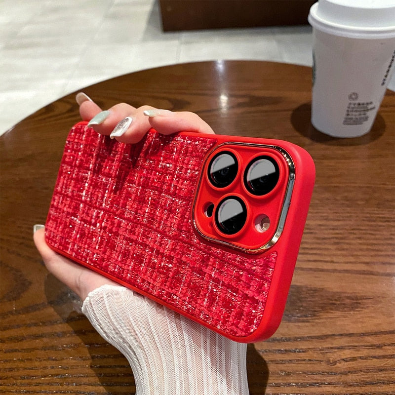 Fabric Silicone Plated and Glass Camera Lens iPhone Case-Exoticase-For iPhone 14 Pro Max-Red-