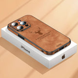 Faux Leather Deer Engrave iPhone Case-Exoticase-For iPhone 15 Pro Max-Brown-