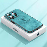 Faux Leather Deer Engrave iPhone Case-Exoticase-For iPhone 15 Pro Max-Cyan-