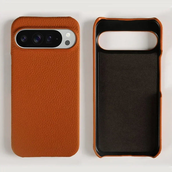 Genuine Cowhide Leather Google Pixel Phone Case-Pixel 7 Cases-Exoticase-For Pixel 9 Pro XL-Red Orange-Exoticase