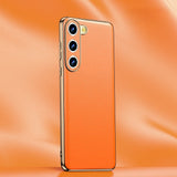 Genuine Cowhide Leather Plated Sides Samsung Case-Exoticase-For Galaxy S23 Ultra-Orange-