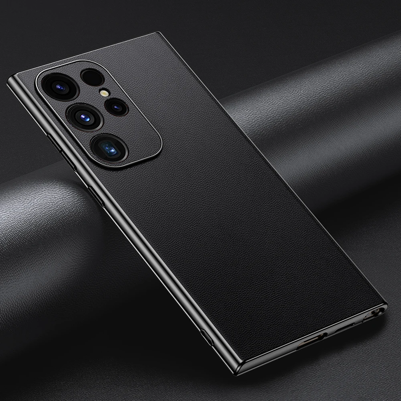 Genuine Cowhide Leather Plated Sides Samsung Case-Exoticase-For Galaxy S25 Ultra-Black-Exoticase