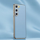 Genuine Cowhide Leather Plated Sides Samsung Case-Exoticase-For Galaxy S23 Ultra-Blue-
