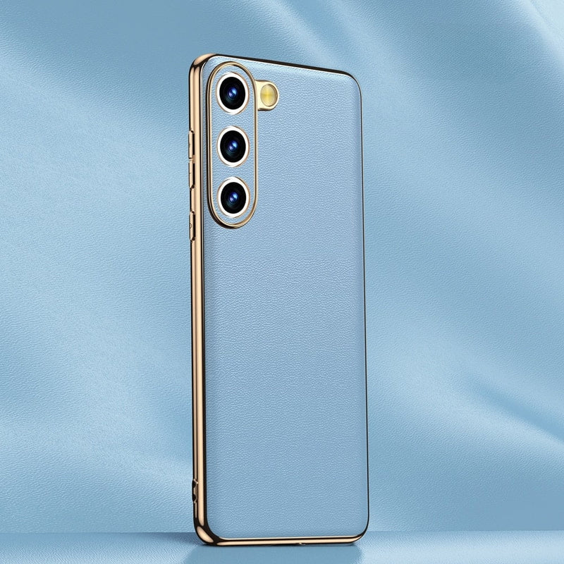 Genuine Cowhide Leather Plated Sides Samsung Case-Exoticase-For Galaxy S23 Ultra-Blue-