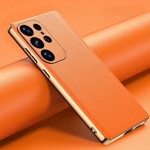 Genuine Cowhide Leather Plated Sides Samsung Case-Exoticase-For Galaxy S25 Ultra-Orange-Exoticase