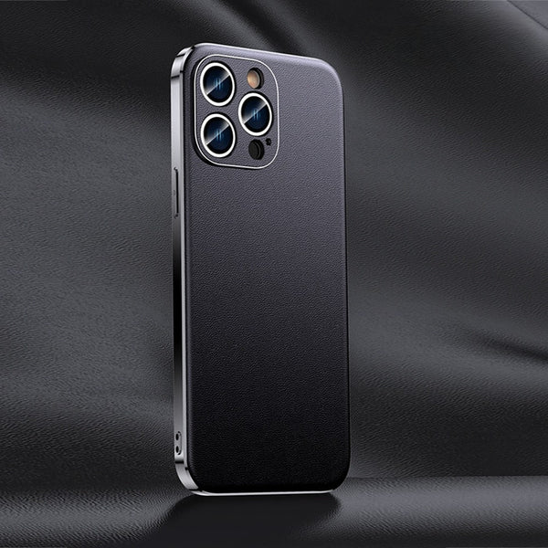 Genuine Cowhide Leather With Vacuum Plated Sides iPhone Case - Exoticase - For iPhone 15 Pro Max / Black