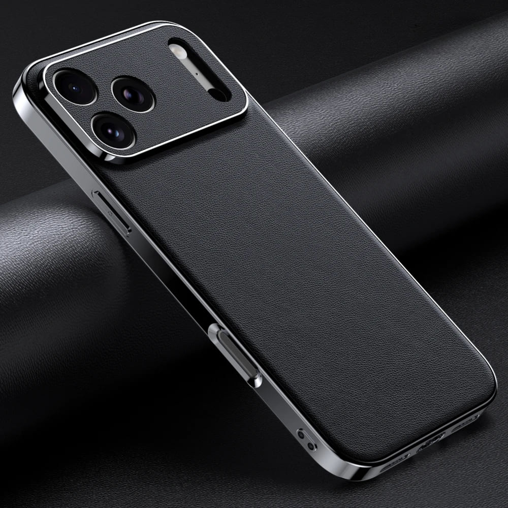 Genuine Cowhide Leather With Vacuum Plated Sides iPhone Case, For iPhone 15 Plus / Black Genuine Cowhide Leather With Vacuum Plated Sides iPhone Case, For iPhone 15 Plus / Black