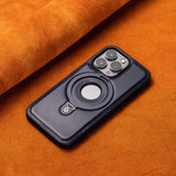 HollowLogo Stitched Leather iPhone Case-Exoticase-For iPhone 16 Pro Max-Blue-Exoticase