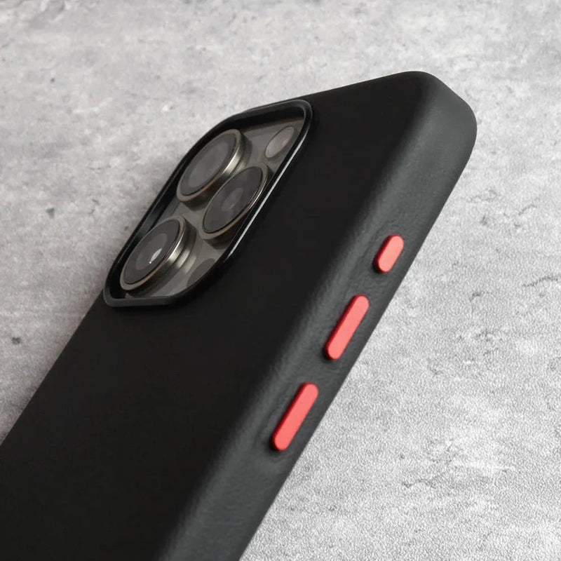 Italian Nappa Leather Apple iPhone Case - Exoticase - for iPhone 15 Pro Max / Black - Red Buttons