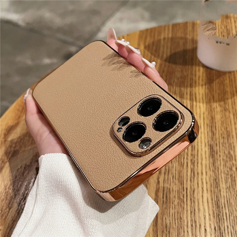 Leather Back Plated Sides iPhone Case-Exoticase-For iPhone 14 Pro Max-Brown-