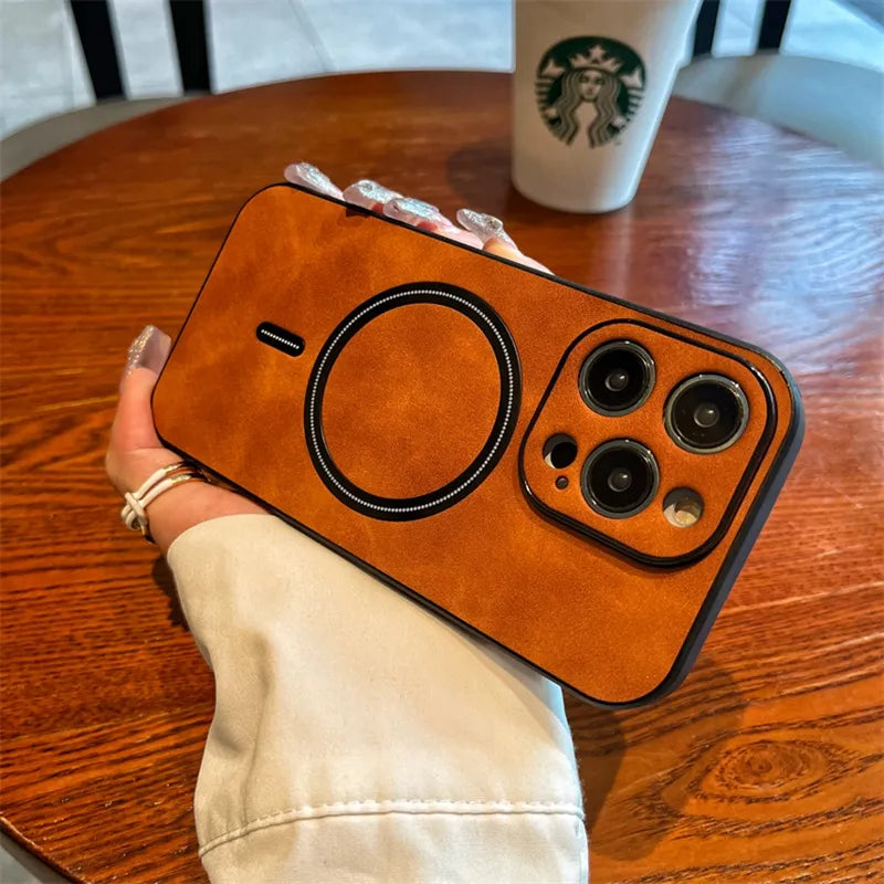 Leatherlike Textured MagSafe Ring Apple iPhone Case-Exoticase-For iPhone 15 Pro Max-Light Brown-