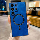 Leatherlike Textured Magnetic Ring Samsung Case-Exoticase-For S23 Ultra-Blue-