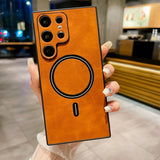 Leatherlike Textured Magnetic Ring Samsung Case-Exoticase-For S23 Ultra-Orange-