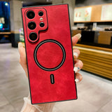 Leatherlike Textured Magnetic Ring Samsung Case-Exoticase-For S23 Ultra-Red-