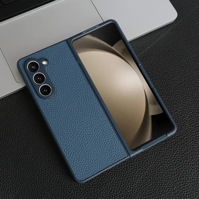 Litchi Grain Genuine Leather Samsung Z Fold Case-Exoticase-Navy-For Samsung Z Fold 6-Exoticase