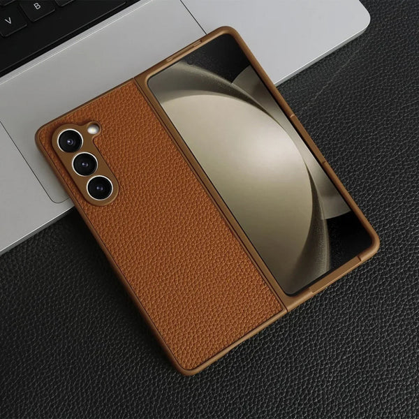 Litchi Grain Genuine Leather Samsung Z Fold Case-Exoticase-Brown-For Samsung Z Fold 6-Exoticase