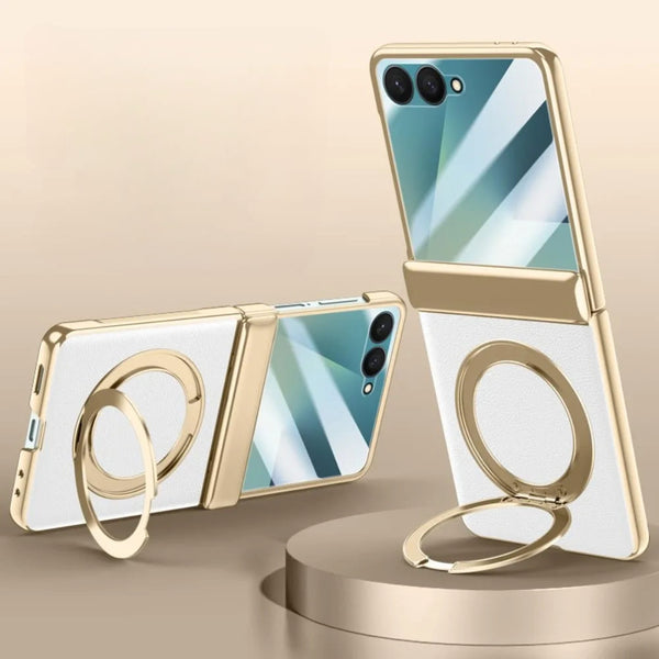 Smartphone with gold ring holder on a beige background