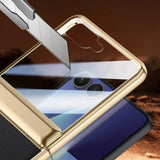 Gold phone case with tempered glass on a dark background