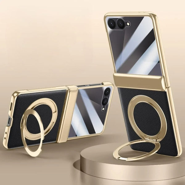 Smartphone with gold case and ring stand on a beige background