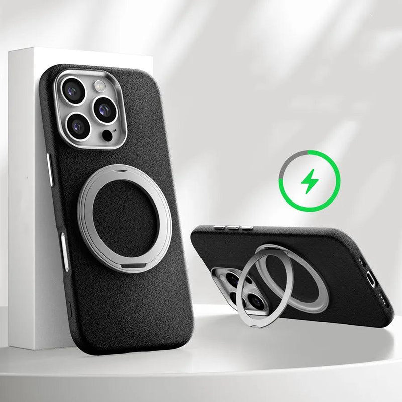 Metallic Accented MagSafe Ring Stand Leather iPhone Case-Exoticase-For iPhone 16 Pro Max-Black-Exoticase