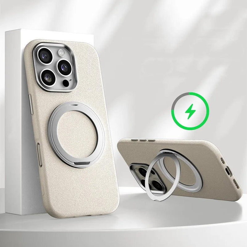 Metallic Accented MagSafe Ring Stand Leather iPhone Case-Exoticase-For iPhone 16 Pro Max-Beige-Exoticase