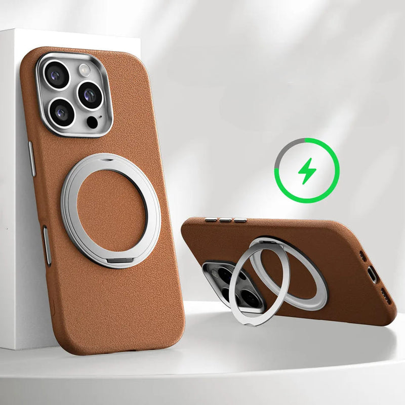 Metallic Accented MagSafe Ring Stand Leather iPhone Case-Exoticase-For iPhone 16 Pro Max-Brown-Exoticase