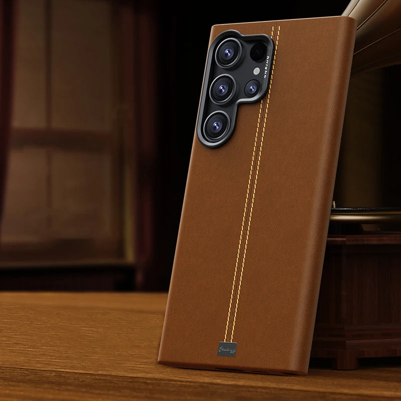 Mid Stitched Retro Leather MagSafe Samsung Case-Exoticase-For Galaxy S25 Ultra-Brown-Exoticase