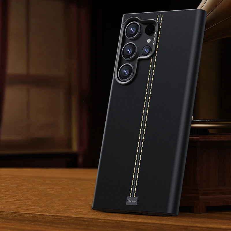 Mid Stitched Retro Leather MagSafe Samsung Case-Exoticase-For Galaxy S25 Ultra-Black-Exoticase