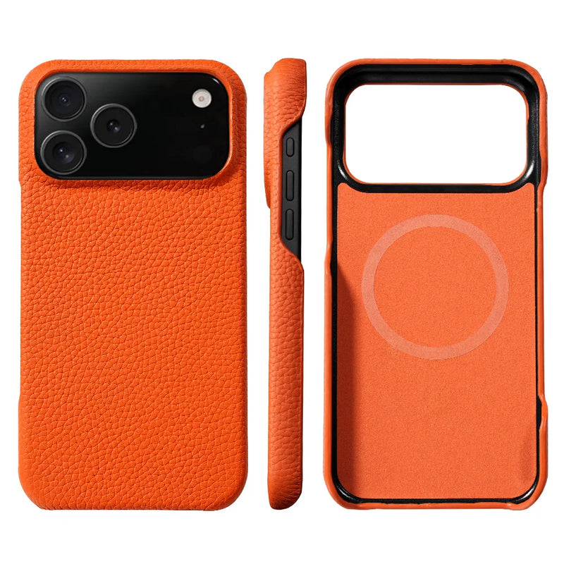 Natural Cowhide Lychee Leather iPhone Case-Exoticase-For iPhone 17 Pro Max-Orange-Exoticase