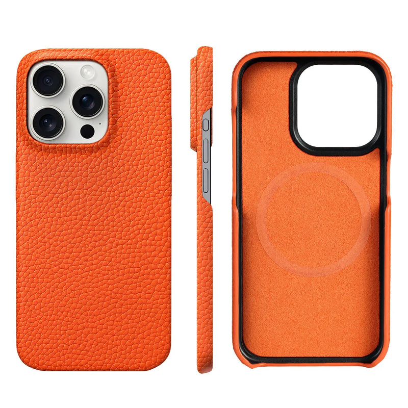 Natural Cowhide Lychee Leather iPhone Case-Exoticase-Orange-For iPhone 16 Pro Max-Exoticase