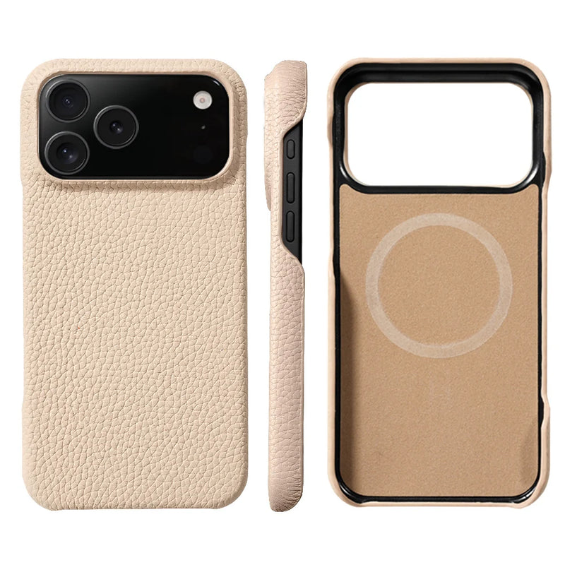 Natural Cowhide Lychee Leather iPhone Case-Exoticase-For iPhone 17 Pro Max-Beige-Exoticase