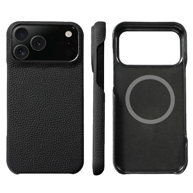 Natural Cowhide Lychee Leather iPhone Case-Exoticase-For iPhone 17 Pro Max-Black-Exoticase