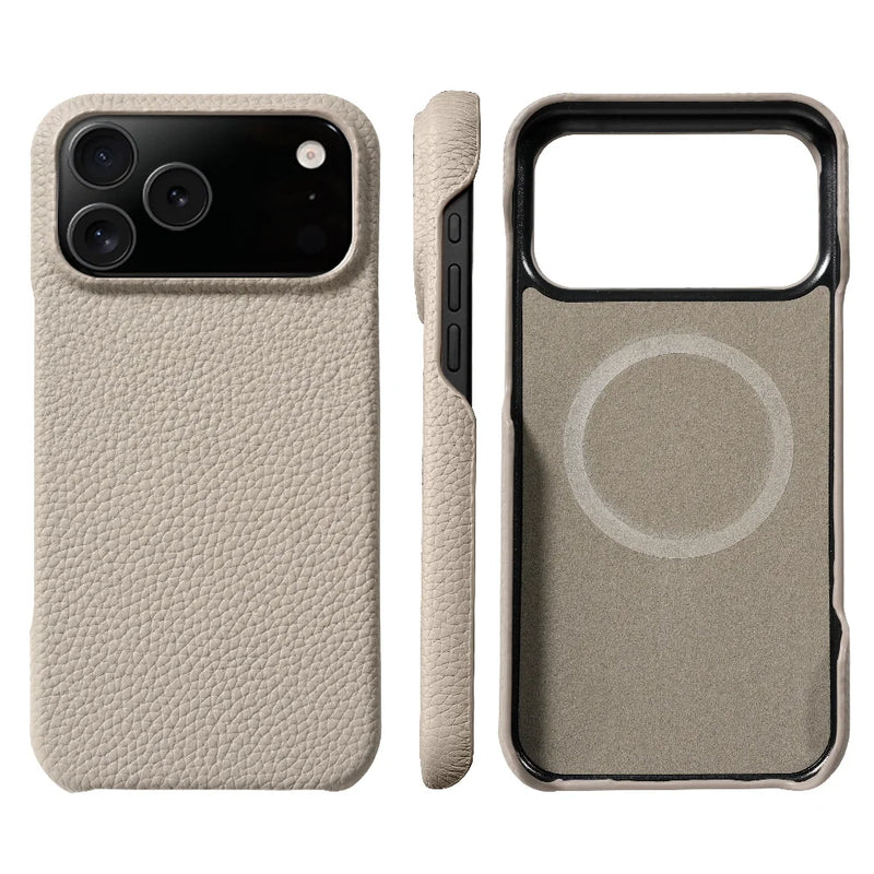 Natural Cowhide Lychee Leather iPhone Case-Exoticase-For iPhone 17 Pro Max-Gray-Exoticase
