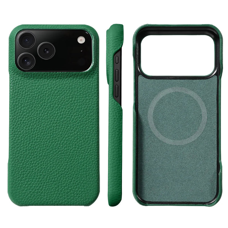 Natural Cowhide Lychee Leather iPhone Case-Exoticase-For iPhone 17 Pro Max-Green-Exoticase
