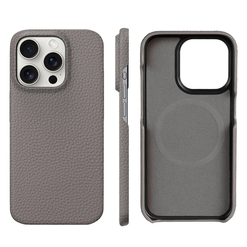 Natural Cowhide Lychee Leather iPhone Case-Exoticase-Gray-For iPhone 16 Pro Max-Exoticase