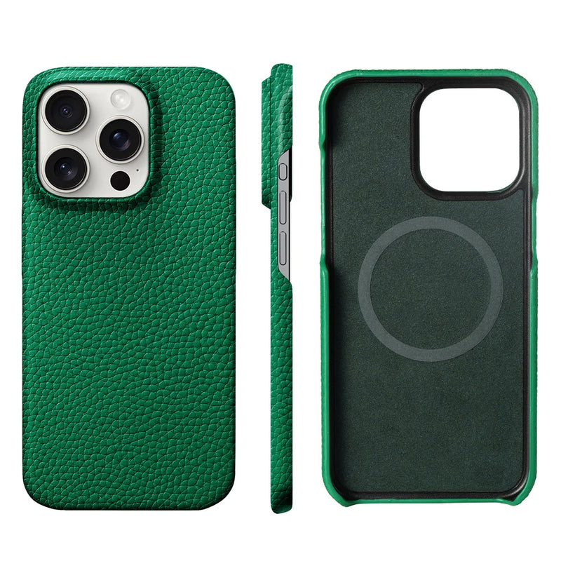 Natural Cowhide Lychee Leather iPhone Case-Exoticase-Green-For iPhone 16 Pro Max-Exoticase
