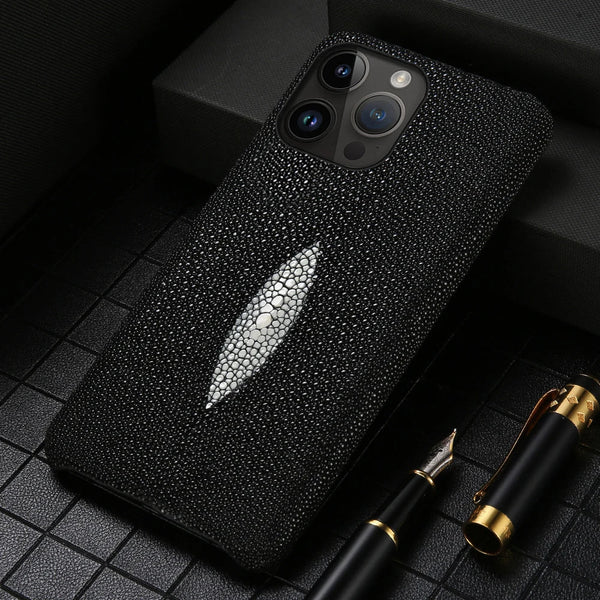 Natural Stingray Leather iPhone Case - Exoticase - For iPhone 15 Pro Max / Black
