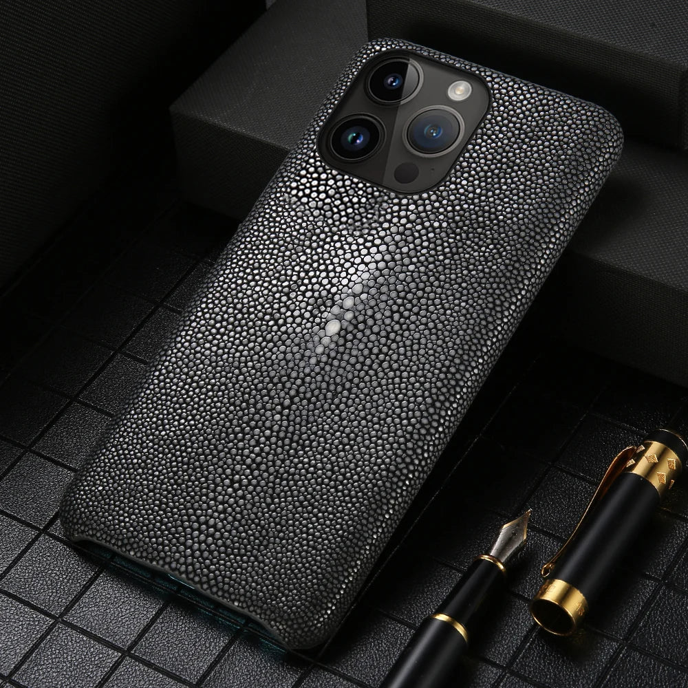 Natural Stingray Leather iPhone Case, For iPhone 15 Plus / Black
