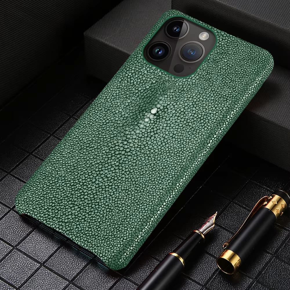 Natural Stingray Leather iPhone Case, For iPhone 15 Pro / Green