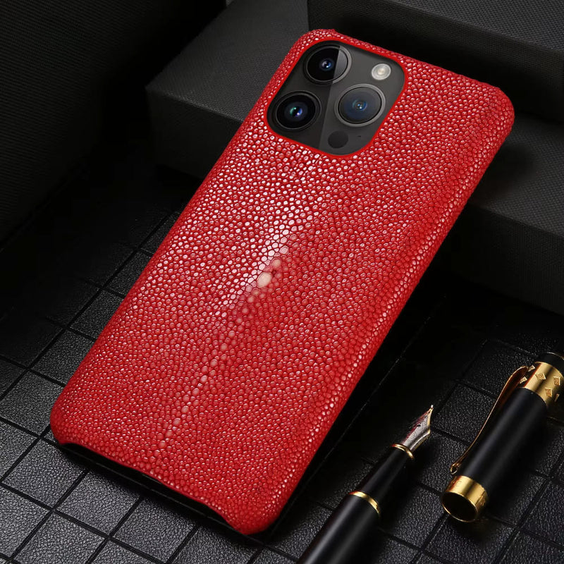 Natural Stingray Leather iPhone Case, For iPhone 15 Pro / Red Natural Stingray Leather iPhone Case, For iPhone 15 Pro / Red