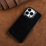 Oil Wax Genuine Leather Apple iPhone Case - Exoticase - For iPhone 15 Pro Max / Black