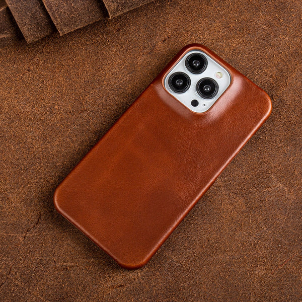 Oil Wax Genuine Leather Apple iPhone Case - Exoticase - For iPhone 15 Pro Max / Brown